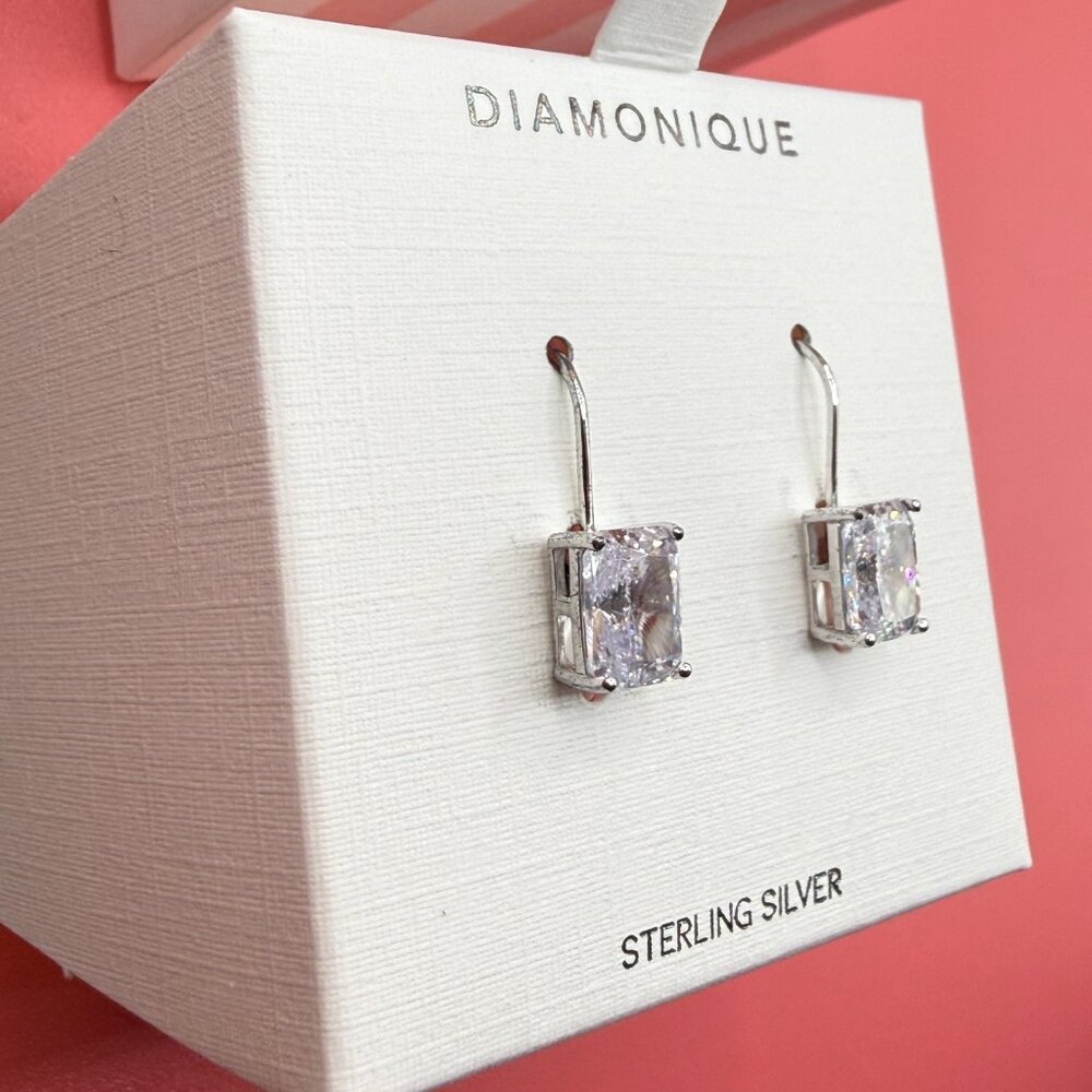 Diamonique New in Box Sterling Silver Emerald Cut CZ Earrings QVC - Picture 9 of 13